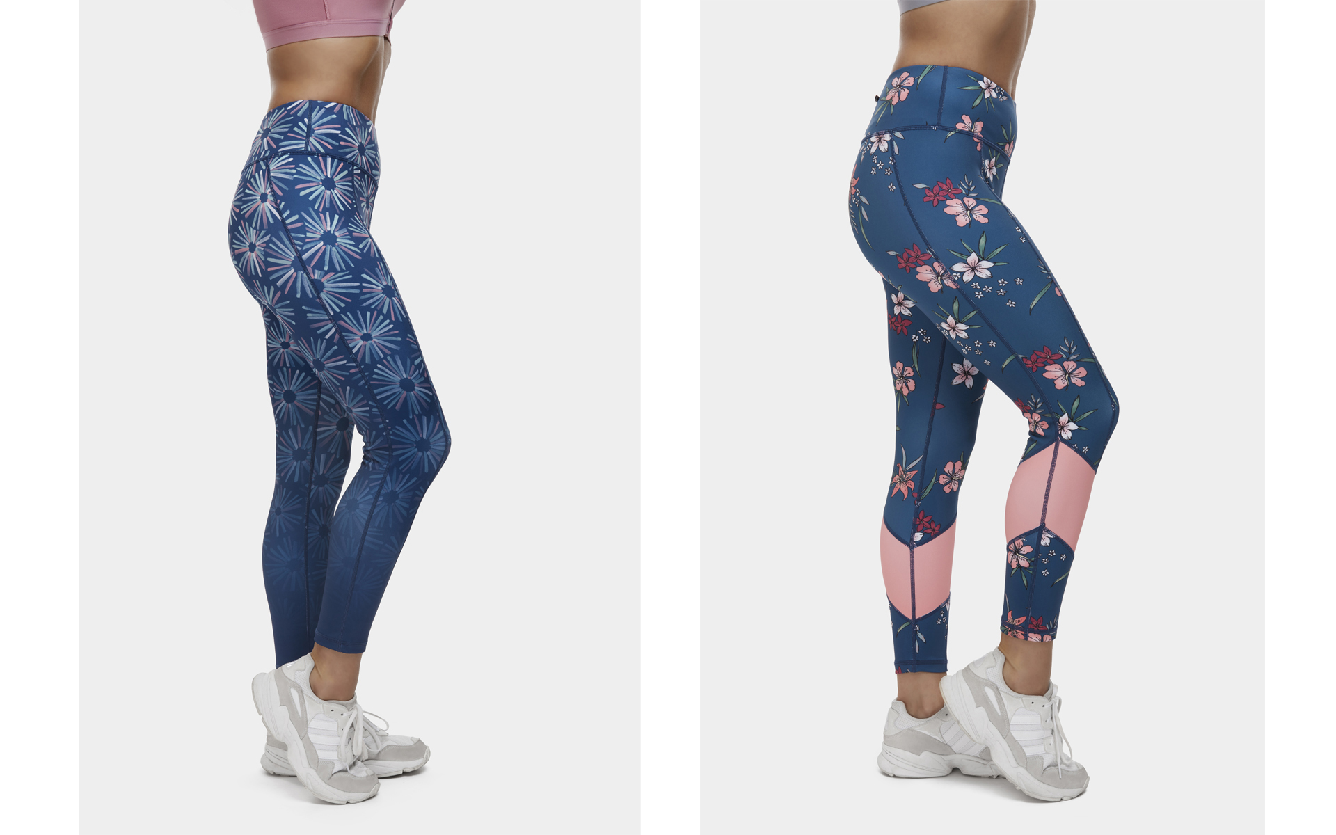 Person wearing sports leggings waist down on white backdrop for e-commerce photo shoot 